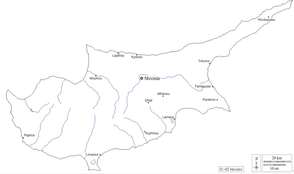 Map of Cyprus showing Nicosia, Limassol, Larnaca, Paphos and Famagusta